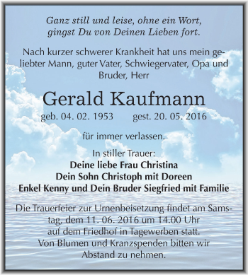Traueranzeige von Gerald Kaufmann von WVG - Wochenspiegel NMB / WSF / ZTZ