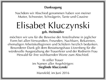 Traueranzeige von Elisabet Kluczynski von Mitteldeutsche Zeitung Mansfelder Land