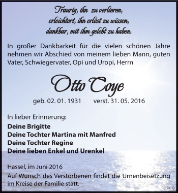 Traueranzeige von Otto Coye von Mitteldeutsche Zeitung Zeitz
