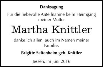 Traueranzeige von Martha Knittler von Mitteldeutsche Zeitung Wittenberg