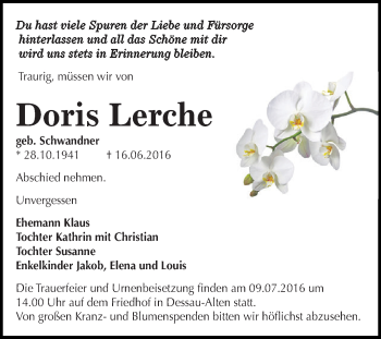 Traueranzeige von Doris Lerche von WVG - Wochenspiegel Dessau / Köthen