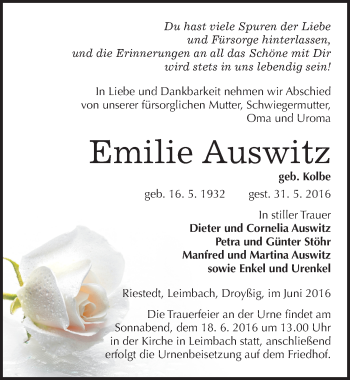 Traueranzeige von Emilie Auswitz von Mitteldeutsche Zeitung Sangerhausen