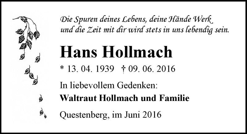  Traueranzeige für Hans Hollmach vom 15.06.2016 aus Mitteldeutsche Zeitung Sangerhausen