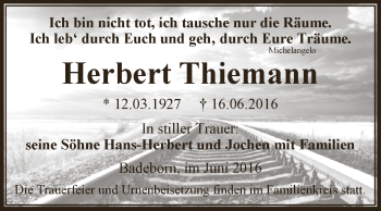 Traueranzeige von Herbert Thiemann von Super Sonntag Aschersleben