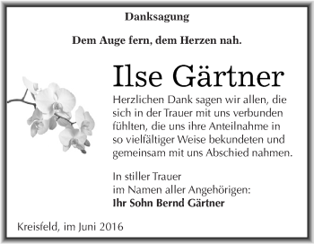Traueranzeige von Ilse Gärtner von Wochenspiegel Mansfelder Land