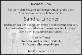 Traueranzeige von Sandra Lindner von Super Sonntag Zeitz