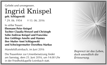 Traueranzeige von Ingrid Knispel von Mitteldeutsche Zeitung Mansfelder Land