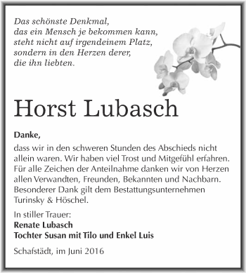 Traueranzeige von Horst Lubasch von WVG - Wochenspiegel Halle