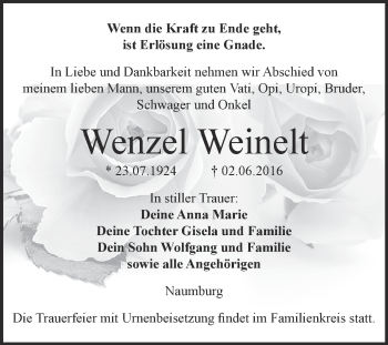 Traueranzeige von Wenzel Weinelt von WVG - Wochenspiegel NMB / WSF / ZTZ