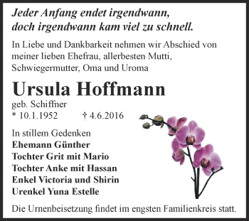Traueranzeige von Ursula Hoffmann von WVG - Wochenspiegel NMB / WSF / ZTZ