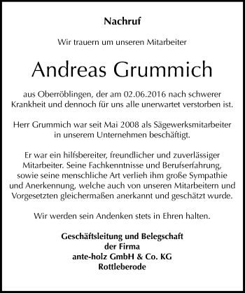 Traueranzeige von Andreas Grummich von Mitteldeutsche Zeitung Sangerhausen