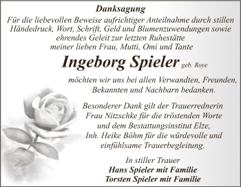 Traueranzeige von Ingeborg Spieler von WVG - Wochenspiegel Dessau / Köthen