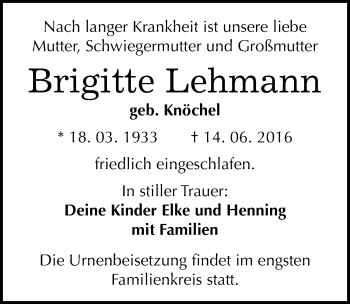 Traueranzeige von Brigitte Lehmann von Mitteldeutsche Zeitung Halle/Saalkreis