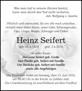 Traueranzeige von Heinz Seifert von WVG - Wochenspiegel Dessau / Köthen