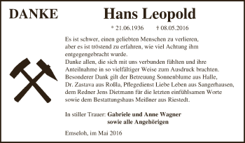 Traueranzeige von Hans Leopold von Super Sonntag SGH Mansf. Land