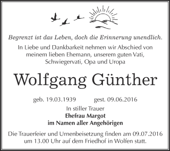 Traueranzeige von Wolfgang Günther von WVG - Wochenspiegel Bitterfeld