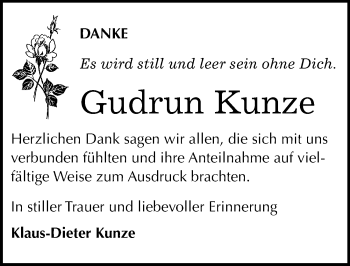 Traueranzeige von Gudrun Kunze von Mitteldeutsche Zeitung Dessau-Roßlau