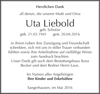 Traueranzeige von Uta Liebold von Super Sonntag SGH Mansf. Land