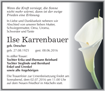 Traueranzeige von Ilse Karrenbauer von Mitteldeutsche Zeitung Merseburg/Querfurt
