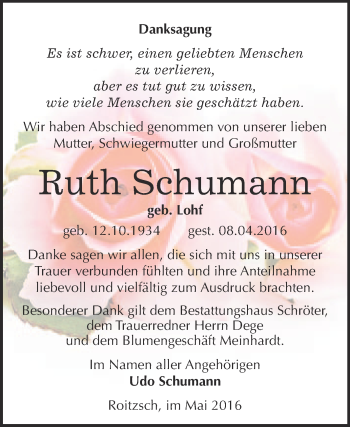 Traueranzeige von Ruth Schumann von WVG - Wochenspiegel Bitterfeld