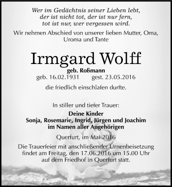 Traueranzeige von Irmgard Wolff von Mitteldeutsche Zeitung Merseburg/Querfurt