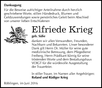 Traueranzeige von Elfriede Krieg von Mitteldeutsche Zeitung Mansfelder Land