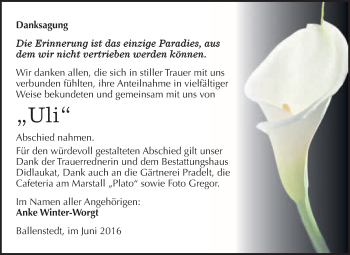 Traueranzeige von Uli  von WVG - Wochenspiegel Quedlinburg