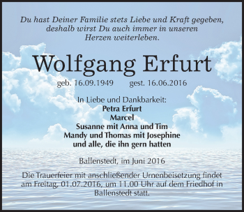 Traueranzeige von Wolfgang Erfurt von Mitteldeutsche Zeitung Quedlinburg