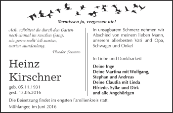Traueranzeige von Heinz Kirschner von WVG - Wochenspiegel Wittenberg