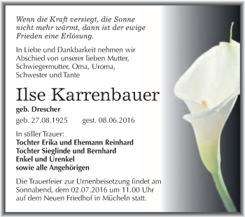 Traueranzeige von Ilse Karrenbauer von WVG - Wochenspiegel Merseburg