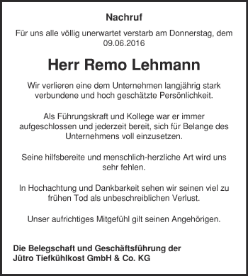 Traueranzeige von Remo Lehmann von Super Sonntag Wittenberg