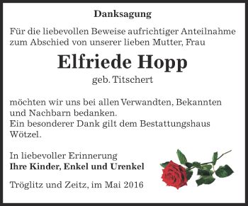 Traueranzeige von Elfriede Hopp von Super Sonntag Zeitz