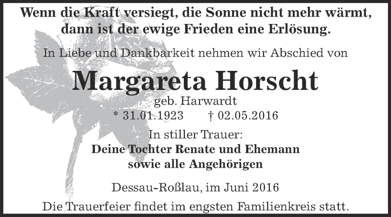  Traueranzeige für Margareta Horscht vom 11.06.2016 aus WVG - Wochenspiegel Dessau / Köthen