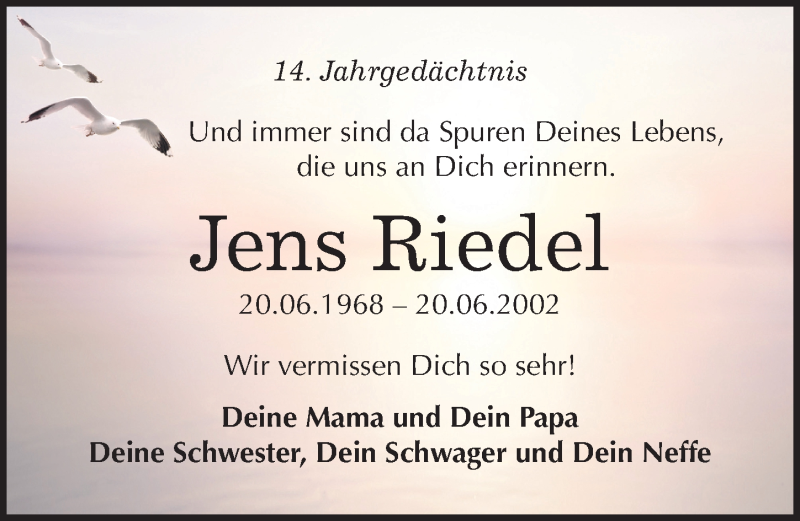  Traueranzeige für Jens Riedel vom 20.06.2016 aus Mitteldeutsche Zeitung Halle/Saalkreis