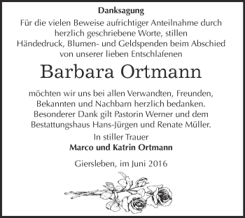 Traueranzeige von Barbara Ortmann von Super Sonntag Aschersleben