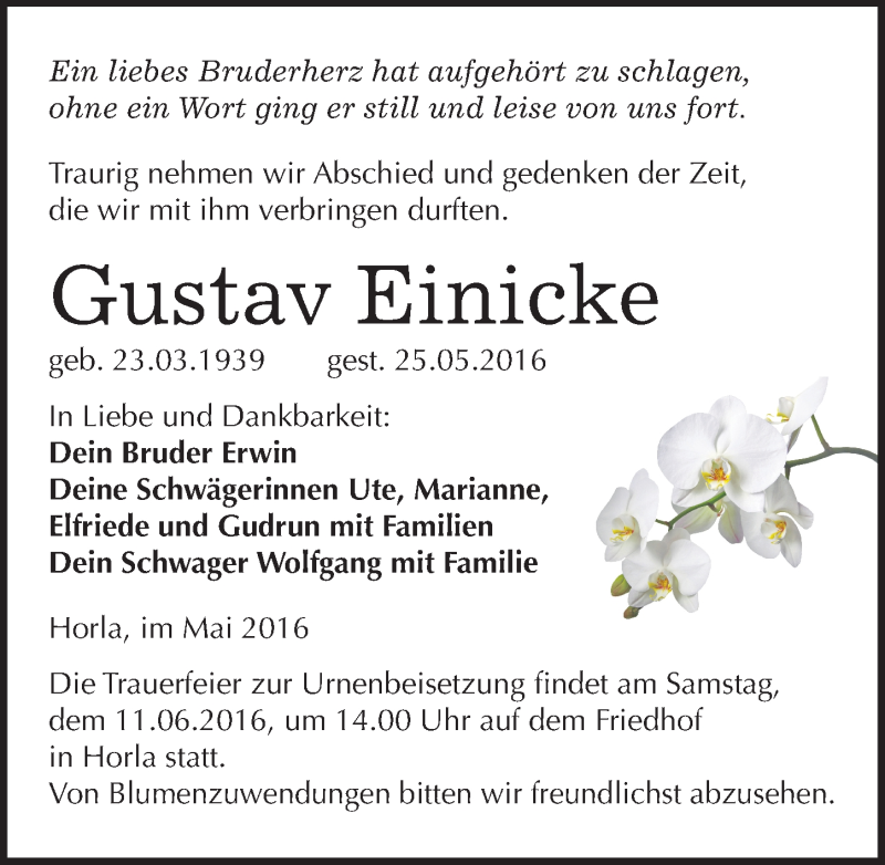  Traueranzeige für Gustav Einicke vom 01.06.2016 aus Mitteldeutsche Zeitung Sangerhausen