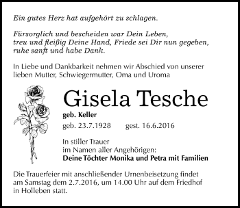 Traueranzeige von Gisela Tesche von Mitteldeutsche Zeitung Halle/Saalkreis