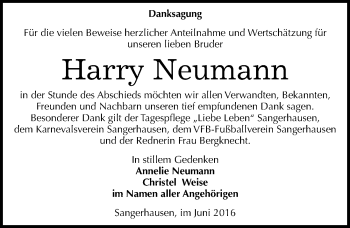 Traueranzeige von Harry Neumann von Mitteldeutsche Zeitung Sangerhausen