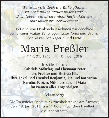 Traueranzeige von Maria Preßler von Mitteldeutsche Zeitung Naumburg/Nebra