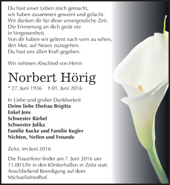 Traueranzeige von Norbert Hörig von Mitteldeutsche Zeitung Zeitz
