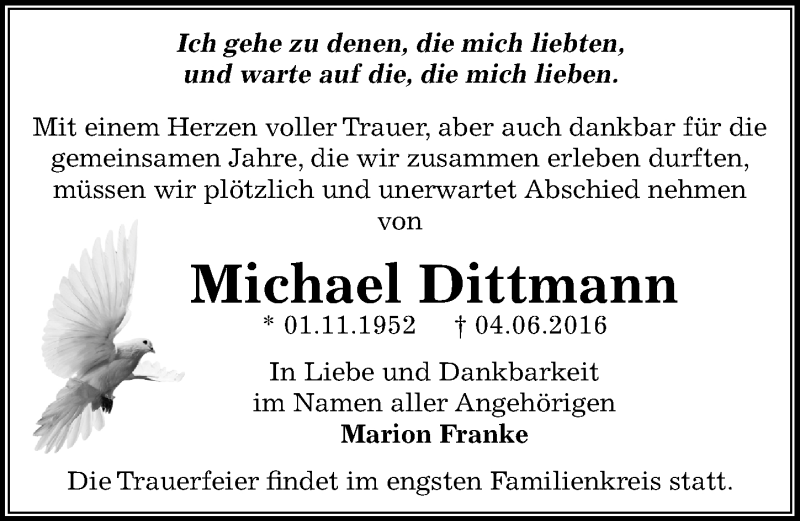  Traueranzeige für Michael Dittmann vom 18.06.2016 aus Mitteldeutsche Zeitung Dessau-Roßlau