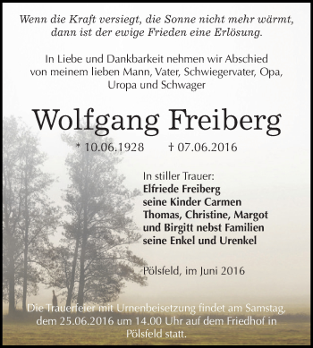 Traueranzeige von Wolfgang Freiberg von Super Sonntag SGH Mansf. Land