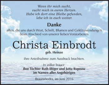 Traueranzeige von Christa Einbrodt von WVG - Wochenspiegel Merseburg