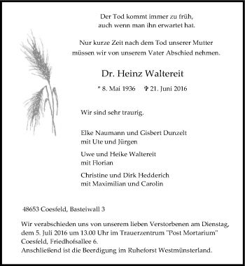 Traueranzeige von Heinz Waltereit von Mitteldeutsche Zeitung Bernburg