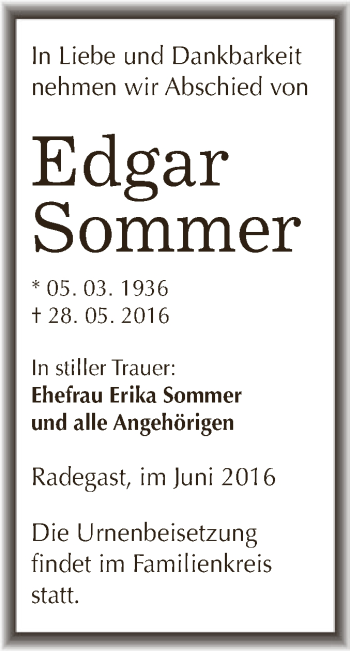 Traueranzeige von Edgar Sommer von WVG - Wochenspiegel Dessau / Köthen