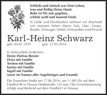 Traueranzeige von Karl-Heinz Schwarz von WVG - Wochenspiegel Dessau / Köthen
