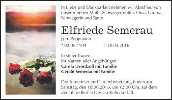 Traueranzeige von Elfriede Semerau von WVG - Wochenspiegel Dessau / Köthen