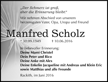 Traueranzeige von Manfred Scholz von Mitteldeutsche Zeitung Wittenberg