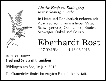 Traueranzeige von Eberhardt Rost von Mitteldeutsche Zeitung Mansfelder Land