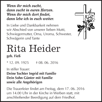 Traueranzeige von Rita Heider von WVG - Wochenspiegel Bitterfeld